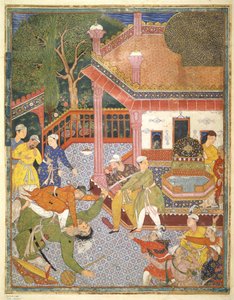 Sankari surmaa jättiläisen katsojajoukon edessä pihalla, kuva Hamza Namasta, n. 1555-1567 (vartalonväri puuvillalla) tekijältä Mughal School