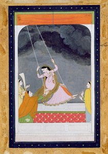 Nainen keinussa, Kangra, Punjab Hills n. 1790 (läpinäkymätön wc paperilla) tekijältä Mughal School