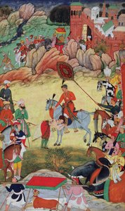 Adham Khan osoittaa kunnioitusta Akbarille Sarangpurissa Keski-Intiassa vuonna 1560 tai 1561, Akbarnamasta, 1590-1598