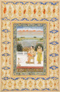 Albumisivu: Gulbadan Begum tupakoimassa terassilla, Delhi, n. 1800 tekijältä Mughal School
