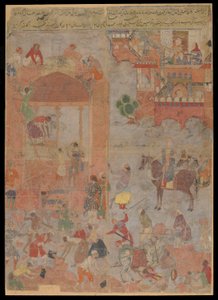 Anushirvan luo Ctesiphonin perustan suotuisaan aikaan, käsikirjoitusfolio, n. 1560-1565 (läpinäkymätön akvarelli, mustetta ja kultaa kankaalla, kiinnitetty kartongille) tekijältä Mughal School