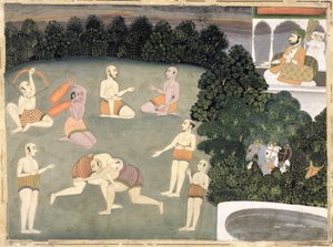 Urheilijat esiintyvät istuvan jalon edessä, n. 1760 (paperilla läpinäkymätön wc) tekijältä Mughal School