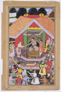 Keisari Akbar (r.1556-1605) viihdytti kasvattiveljensä Azim Khanin Dipalpurissa, Punjabissa, 1571, Abul Fazin valmistamasta Akbarnamasta 1590-98 (läpinäkymätön wc ja kultaa paperilla) tekijältä Mughal School