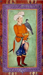 Intialainen taide: esitys uzbekistanin prinssistä, joka pitää haukkaa metsästämään, toisaalta kuollutta saalista. Akvarelli Moghole-kaudelta käsikirjoituksesta tekijältä Mughal School