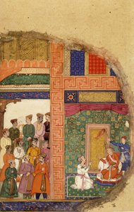 Kuningas Dasaratha keskustelee perhepapin kanssa Raman hallintovallasta palatsin sisällä, kun hoviherrat ja ministerit odottavat pihalla, n. 1595 tekijältä Mughal School
