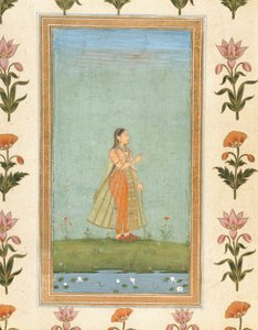 Nainen pitelee kukkaa, seisoo liljalammen rannalla, Small Clive Albumista (läpinäkymätön wc paperilla) tekijältä Mughal School