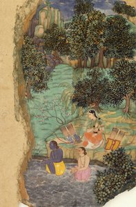 Rama ja Lakshmana uhraavat vettä kuolleelle isälleen Mandakini-joen rannalla, n. 1595 tekijältä Mughal School