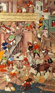 Agran punainen linnoitus rakennusvaiheessa, mogulien Akbarnama-teoksesta. tekijältä Mughal School