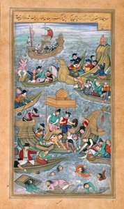 Sulttaani Bahadur ja Rumi Khan hyppäävät mereen portugalilaisten veneiden ympäröimänä Akbarnamasta tekijältä Mughal School