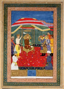 Mughal-keisari Babur (1526-30) istuu valtaistuimella vastaanottamassa prinssiä, Johnson Album I, nro 3 numero 65 tekijältä Mughal School