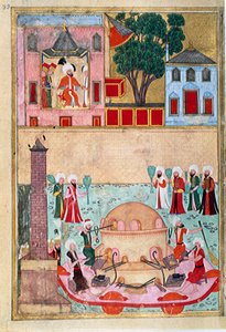 Lasinpuhallinesitys Konstantinopolin kilparadan sivulla, joka on otettu lempinimestä-i Humayun (Sukunimi i Humayun) tai Osmanin kuvittamasta "Juhlakirjasta" (ms. hazine 1344). noin 1582 (Istanbul) Istanbul, Topkapi Seray tekijältä Mughal School Osman