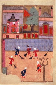 Street Sweepers Sivu otettu lempinimestä i Humayun (Sukunimi i Humayun) tai Osmanin kuvittamasta "Juhlien kirjasta" (ms. hazine 1344, foli. 341 a). noin 1582 (Istanbul) Istanbul, Topkapi Seray tekijältä Mughal School Osman