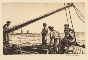 Pelastusmiehet lähestyvät torpedoitua alusta tekijältä Muirhead Bone