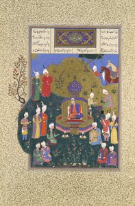 Buzurjmihr esiintyy Nushirvanin viidennessä konventissa, Folio 622r Shahnamasta..., n. 1530-3 tekijältä Muzaffar 