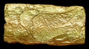 Kultainen kansi lasimaljakon muotoiselle muistolaatalle tekijältä Mycenaean