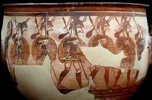 Mycenian sivilisaatio: kraatteri nimeltä Warriors. Hautojen A ympyrästä Mykeneen. 1100-luvulla eaa. Athenes, kansallinen arkeologinen museo - Mykeneen sivilisaation taide: kraatteri nimeltä Warriors-kraatteri. Mykenien hautaympyrästä A. 12. vuosisata