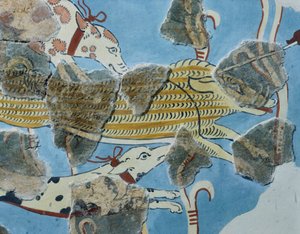 Fresko Tirinto-palatsista (Kreikka). Yksityiskohta: ryhmä koiria hyökkäämässä villisikaa vastaan. Mykeneen sivilisaatio tekijältä Mycenean
