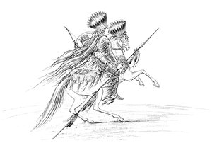 Native American uros aseilla ja päähine, ratsastaa hevosella, 1841. tekijältä Myers and Co