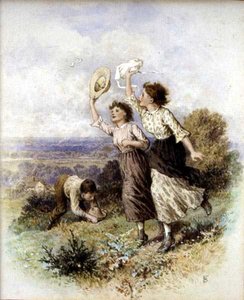 Perhosten pyydystäminen (akvarelli paperille) tekijältä Myles Birket Foster