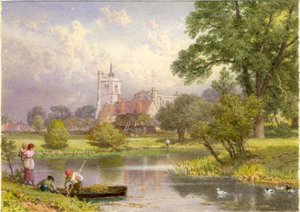 Elstow, Bedfordshire (John Bunyanin syntymäkoti) (bc ja wc kortissa). tekijältä Myles Birket Foster