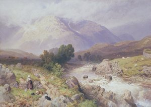 Highland Scene lähellä Dalmallya, Argyll (wc kankaalle) tekijältä Myles Birket Foster
