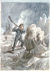 Nelson kohtaa karhun, n.1854 (harmaa pesu, valkoisella korotettu, akvarelli, grafiitti). tekijältä Myles Birket Foster