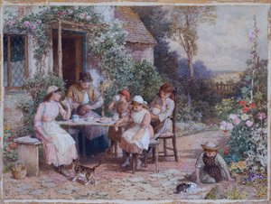 Teeaika (kortilla valkoisella korotettu kynä ja akvarelli) tekijältä Myles Birket Foster