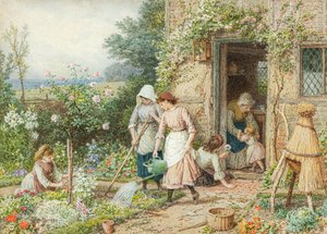 Pikkupuutarhurit (akvarelli) tekijältä Myles Birket Foster
