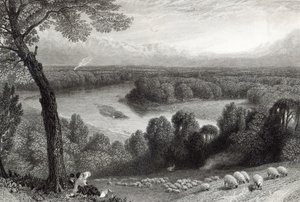 Thames Richmond Hillistä, kaiverrus J. Saddler, painatus Cassell, Petter und Galvin tekijältä Myles Birket Foster
