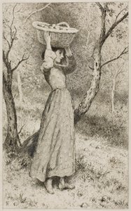 Nuori tyttö hedelmätarhassa hedelmäkorin kanssa tekijältä Myles Birket Foster