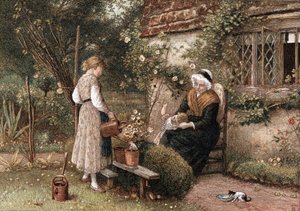 Nuoruus ja ikä. Kromolitografia englantilaisen taiteilijan Myles Birkett Fosterin (1825-1899) maalauksen mukaan, julkaistu Lontoossa 1866. Pitsilakkinen isoäiti istuu mökin puutarhassa kahden lapsenlapsen kanssa. Tyttö kastelee ruukussa olevaa kasvia kaste tekijältä Myles Birket Foster
