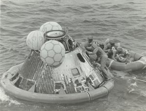 [Astronautis in Lifeboat After Apollo 11 Splashdown], 1969.