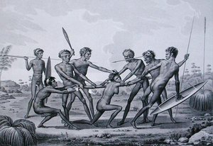 Port Jackson, New Holland: Aboriginaalien avioliittoa edeltävä seremonia, Lerougen ja Forgetin kaiverruksesta Voyage Autour du Monde sur les Corvettes de L