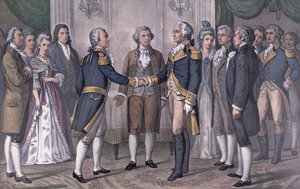Kenraali George Washingtonin (1732-99) ja markiisi de La Fayetten (1757-1834) ensimmäinen tapaaminen Philadelphiassa 3. elokuuta 1777, julkaistu vuonna 1876 (värilitro). tekijältä N. and Ives J.M. (after) Currier