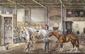 Mallitalli, jossa pojat ja hoitajat todella huolehtivat hevosista, kaiverrus Currierin ja Yvesin kirjasta "America" 1870. tekijältä N. and Ives J.M. (1824 95) Currier