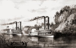 Höyryveneet kilpailevat Mississippi-joella, Yhdysvalloissa. tekijältä N. and Ives J.M. Currier