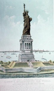 Suuri Bartholdi-patsas, Vapaus valaisee maailmaa (värilitho) tekijältä Currier and Ives
