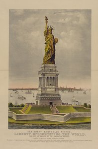 Suuri Bartholdi-patsas, Vapaus valaisee maailmaa, Ranskan lahja amerikkalaisille, n. 1885 (kromolitografia) tekijältä Currier and Ives