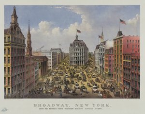 Broadway, New York Western Union lennätinrakennuksesta katsoen pohjoiseen tekijältä Currier and Ives
