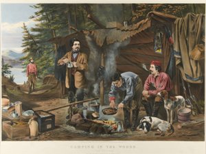Camping in the Woods "Hyvä aika tulossa" (värilitografia) tekijältä Currier and Ives