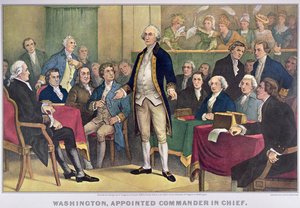 George Washington (1732-99) nomenat comandant en cap, publicat el 1876 (litografia en color) finlandès tekijältä Currier and Ives