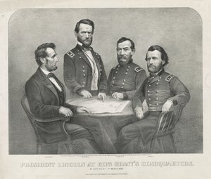 Presidentti Lincoln klo Genl. Grantin päämaja, n. 1865 (litografia) tekijältä Currier and Ives