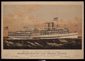 Providence and Stonington Co:n höyrylaivat Massachusetts ja Rhode Island New York ja Boston Providencen kautta. Päivittäin laiturilta 29 N.R. - Warren St. N.Y. (litografia, värillinen).