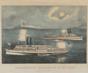 Höyrylaivat kulkevat keskiyöllä Long Island Soundilla tekijältä Currier and Ives