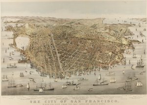 San Franciscon kaupunki - Lintuperspektiivinäkymä lahdelta lounaaseen tekijältä Currier and Ives