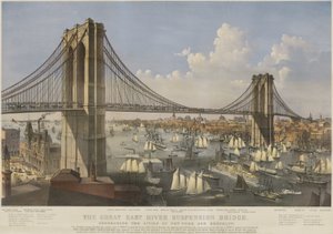 Great East River Suspension Bridge: yhdistää New Yorkin ja Brooklynin kaupungit tekijältä Currier and Ives