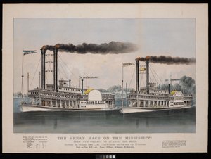 Suuri kilpailu Mississippillä New Orleansista St. Louisiin 1210 mailia. Höyrylaivojen Robt. E. Lee ja Natchez välillä... Voitti R.E. Lee