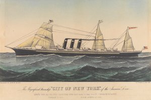 Inman Line -yhtiön upea höyrylaiva "City of New York", 1800-luvun loppupuoli (litografia, värillinen).