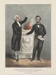 Washington ja Lincoln. Isä ja maamme pelastaja, n.1865 (värilitografia) tekijältä Currier and Ives