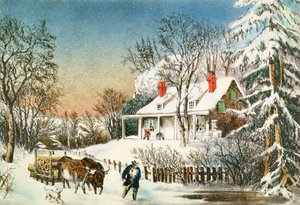 Tukkien kotiin tuominen, talvimaisema, 1800-luku tekijältä N. and Ives, J.M. Currier